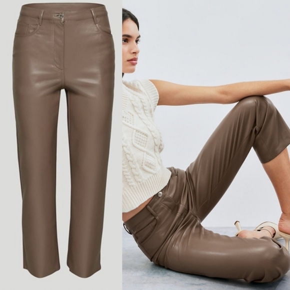 Wilfred Pants - NWOT Aritzia Wilfred Melina Vegan Leather Pants Dark Taupe Short Version Size 2